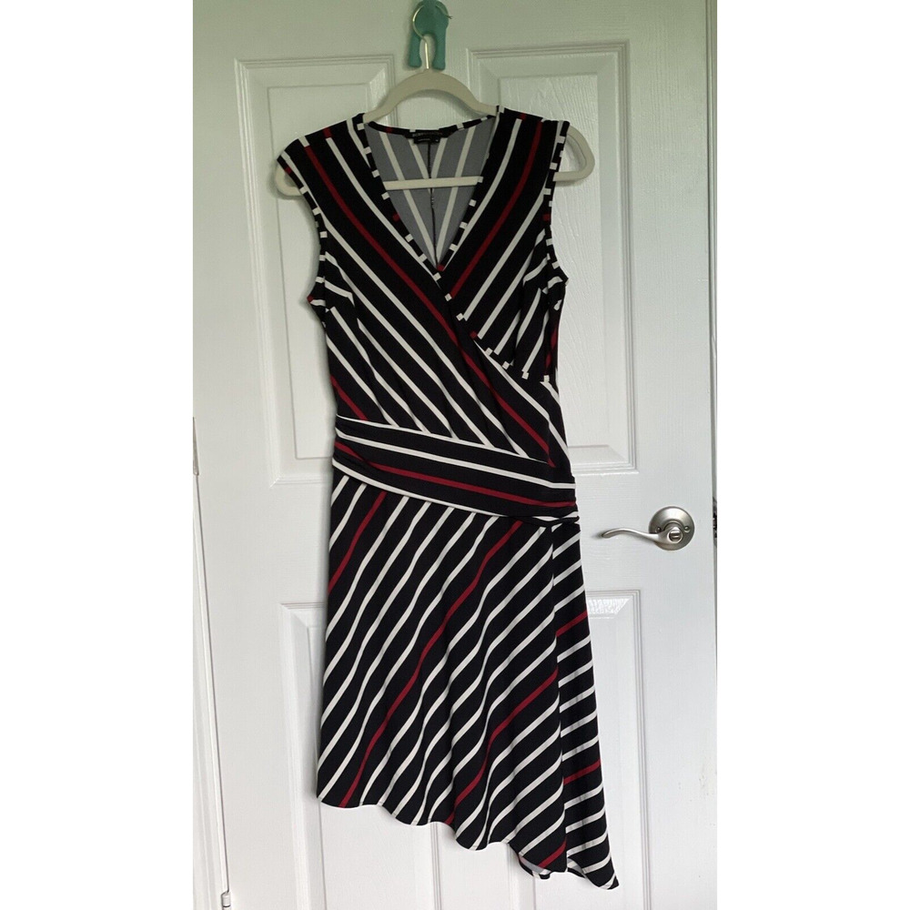 BCBGMaxAzria Womens M Faux Wrap Fit & Flare Dress Sleeveless Azymetrical Striped